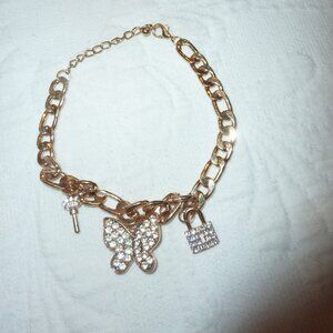 New Gold Tone Cuban Link Charm Bracelet Butterfly Lock and Key